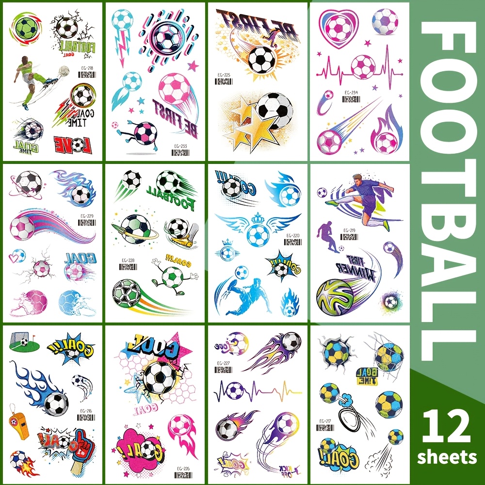 Image of 12 Sheets Of Glittery Soccer-themed Temporary Tattoos, Waterproof And Sparkly, Perfect For Football-themed Parties, Gifts, And Stocking Stuffers
