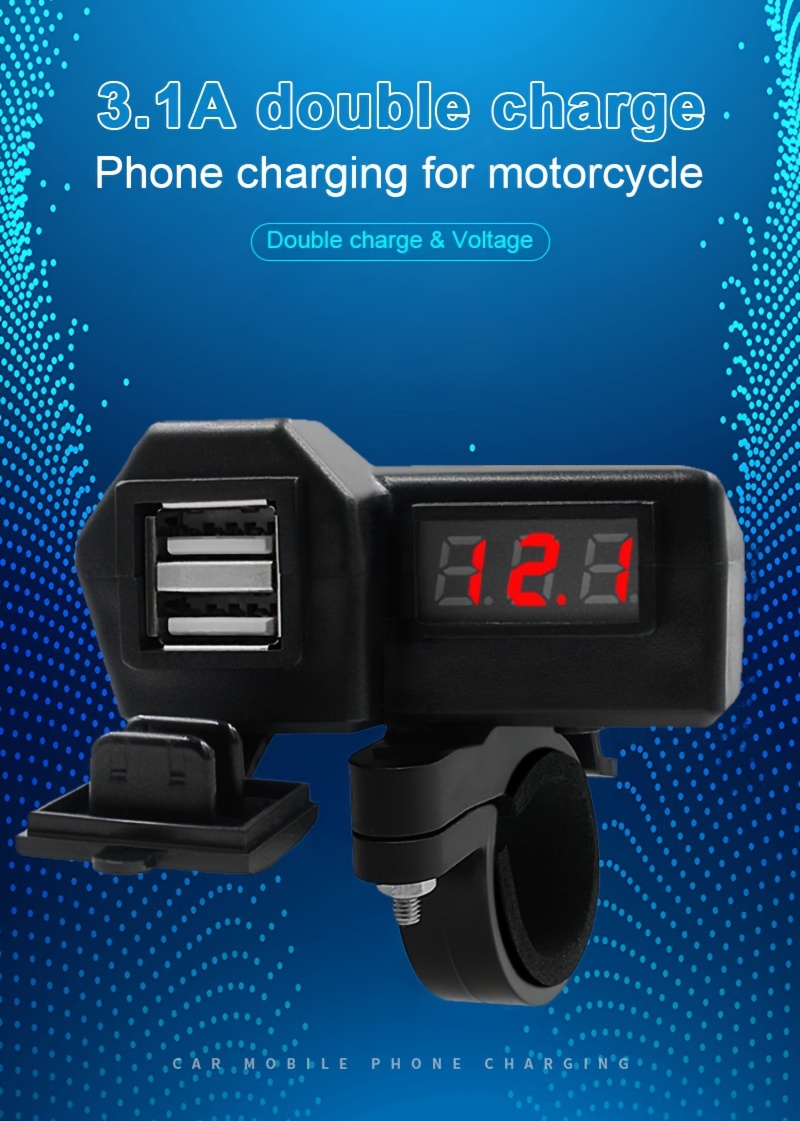 12v motorcycle waterproof dual usb charger with voltmeter display 2 usb port 3 1a charger handlebar installation details 0