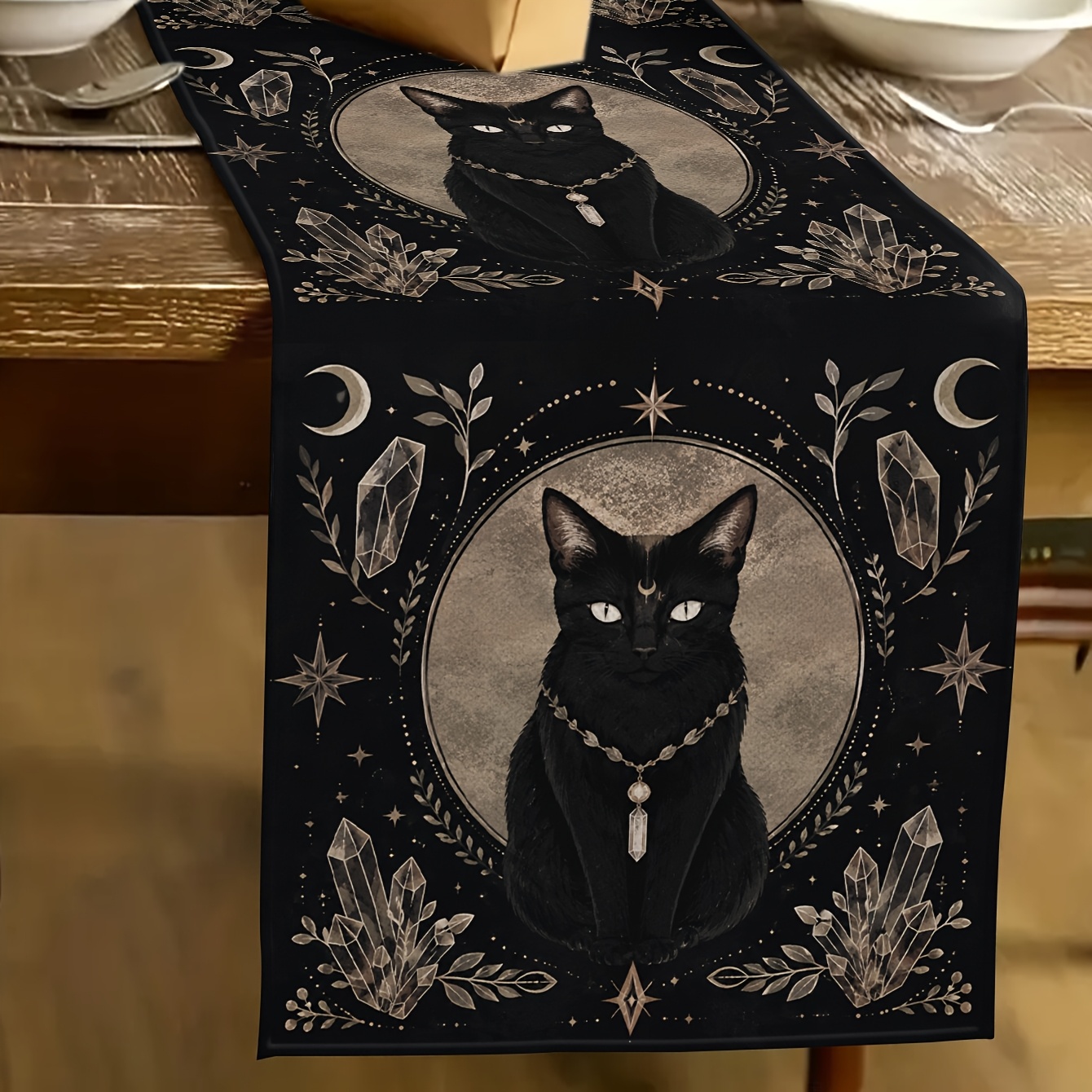 TEMU 1pc Black Cat & Crystal Table Runner - Long Rectangular Suitable For Dining Table, Coffee Table, Entryway - Witchy With Black Background, Cat,