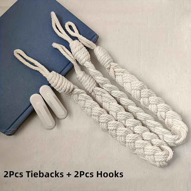2 Sets Bohemian Style Curtain Tie-backs With Adhesive Hooks, Woven Hemp Rope Curtain Ropes