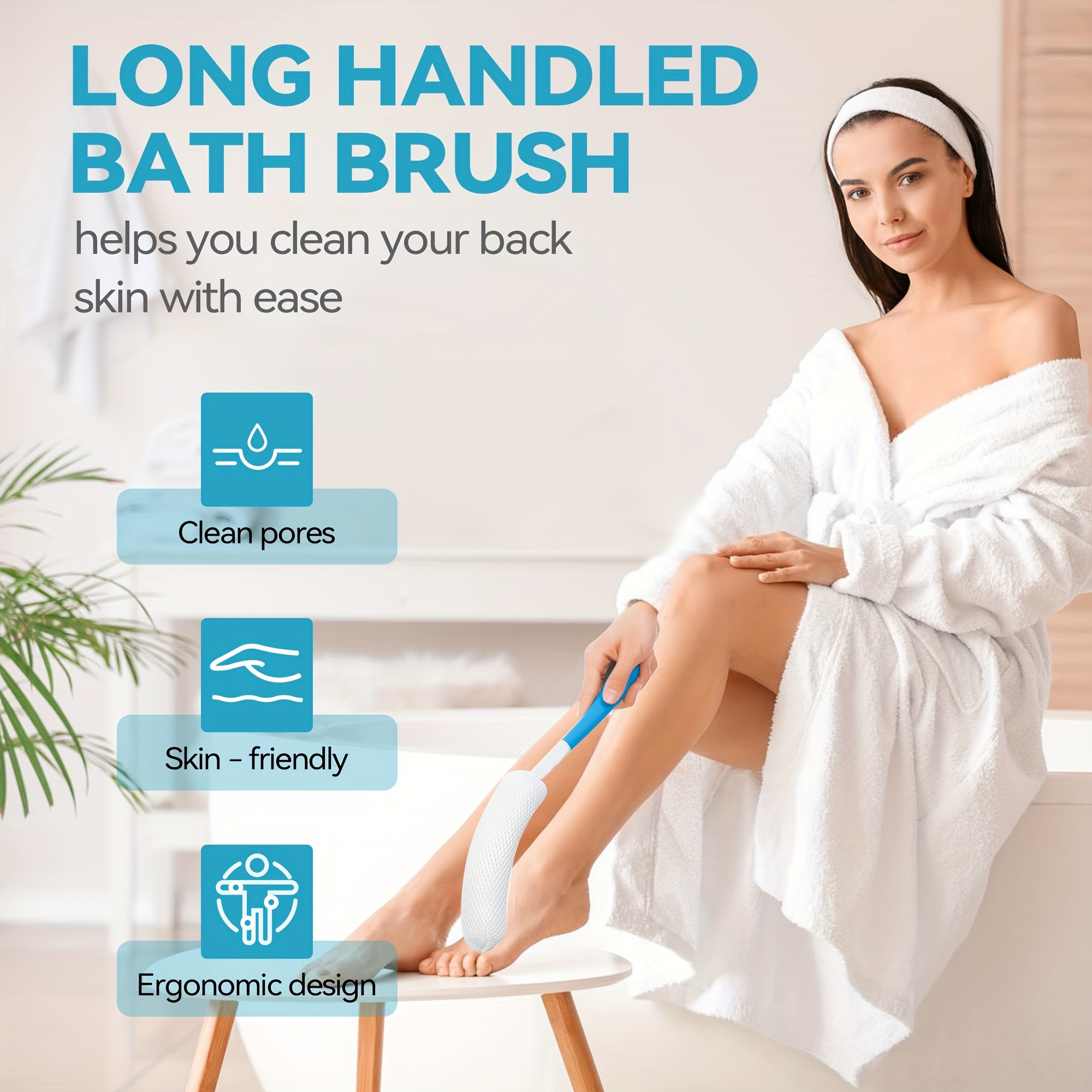 1pc long handle back scrubber shower brush non slip curved   bristles for   gentle exfoliation white with blue accent   beige scrubber curved handle brush comfortable use Product details 2