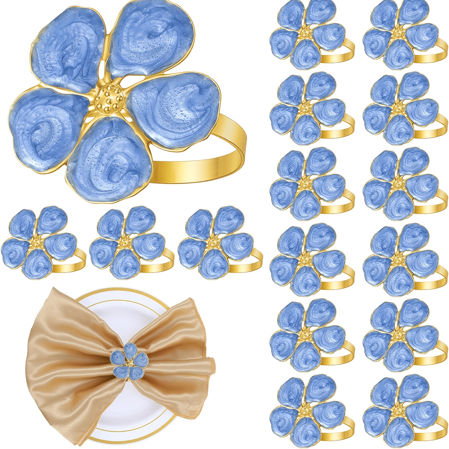 TEMU 6pcs Blue Summer Thanksgiving Napkin Ring Set Wedding Decor | Bohemian Vintage Style Decorative Napkin Rings Party Table Setting - Elegant