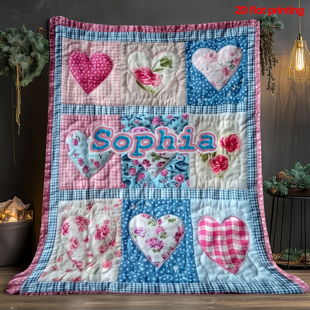 TEMU 2d Flat 1pc Nine- Hearts, Pink. Custom Name Portable Blanket-lightweight Home Furnishings Blanket Suitable For Travel Camping Living Rooms