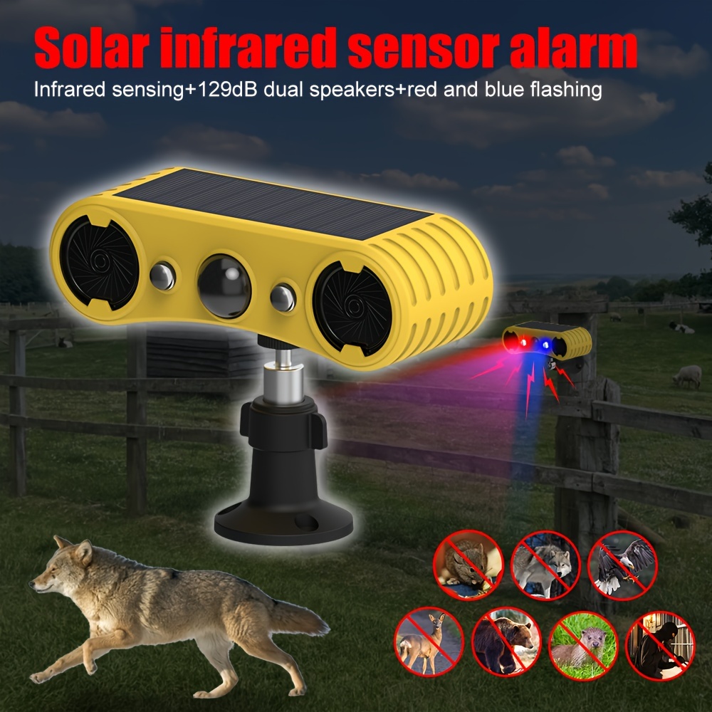 

1pc Solar Powered Motion Sensor Alarm With 129db Siren, 13 Different Sound Options, Built-in Light, For Home, Villa, Yard, Chicken Coop, Farm, Barn