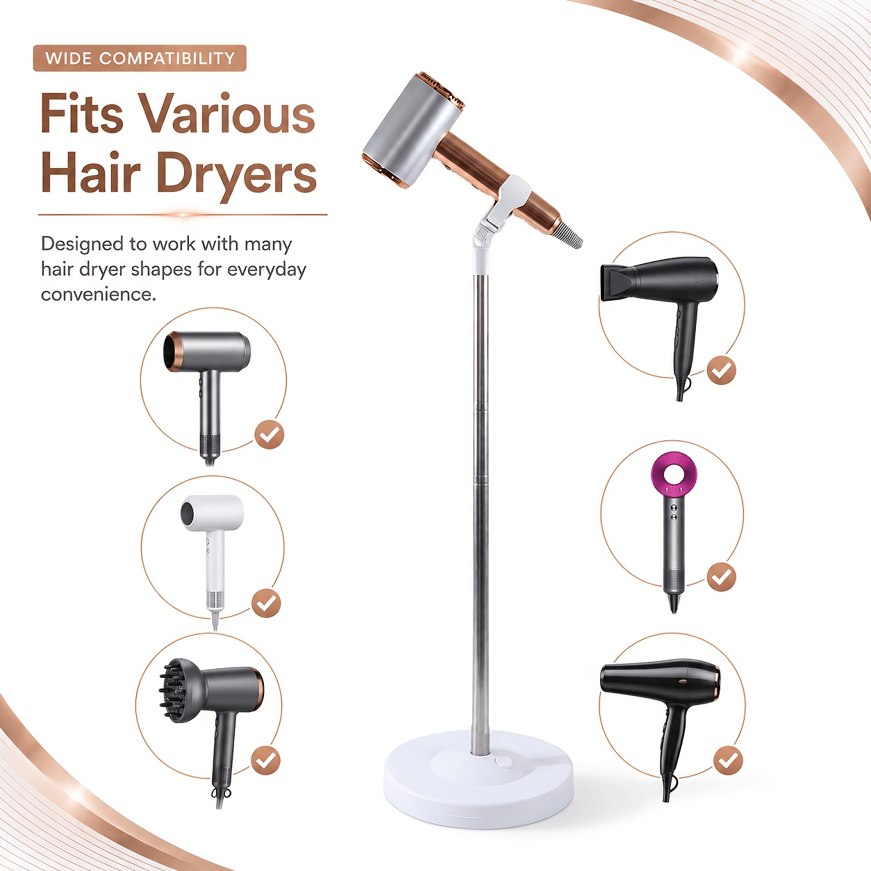TEMU Support Sèche-Cheveux, Support de Sèche-Cheveux Réglable sur Pied avec Rotation à 360°, Support de Sèche-Cheveux pour Salle de Bain,