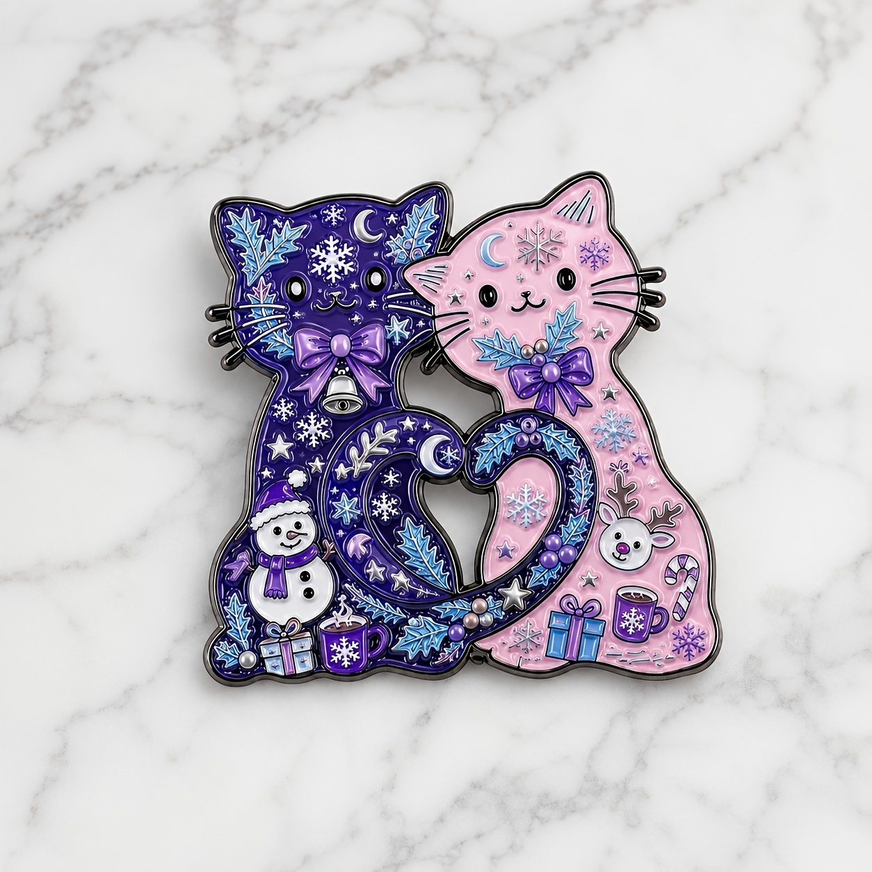 TEMU Christmas Purple And Pink Heart-shaped Lacquered Badge With Snowflakes, Moon, Snowman, Reindeer, Gift, And Bell Elements. A Small Item For
