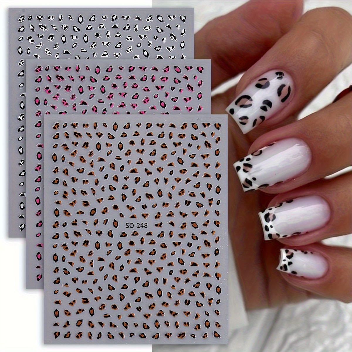 

3-pack Leopard Print Nail Stickers, So-248, Solid Pattern, Plastic, Self-adhesive, Theme, Matte , Reusable, Rectangular Shape, No Fragrance