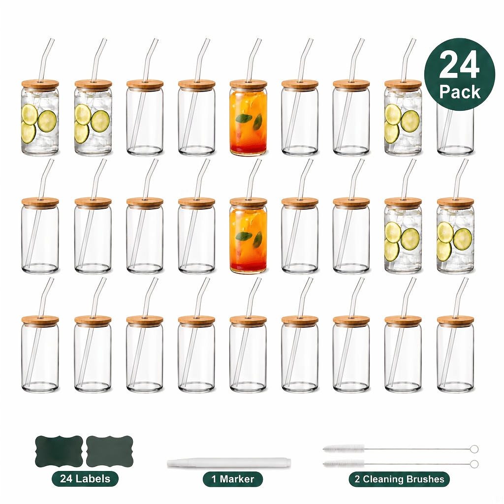 TEMU 24 Pack 16oz Can Shaped Glass Cups With Lids And Glass Straws, Clear Beer Can Glasses, Drinking Glasses Set For Iced Coffee, Soda, Tea, Juice,