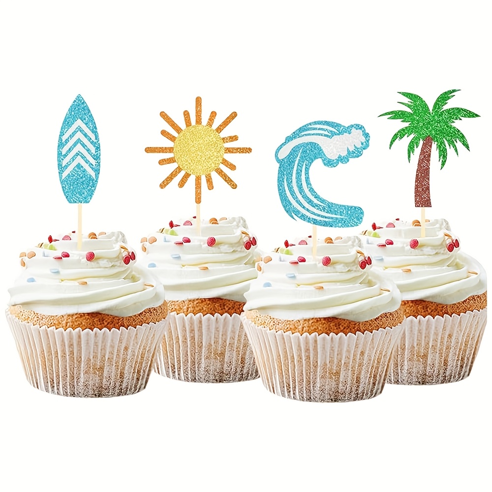 Image of 24pcs Surfing Cupcake Toppers Glitter Summer Theme Surfboard Beach Cake Decorations Picks For Summer Beach Party Birthday Party Cake Decoration Supplies