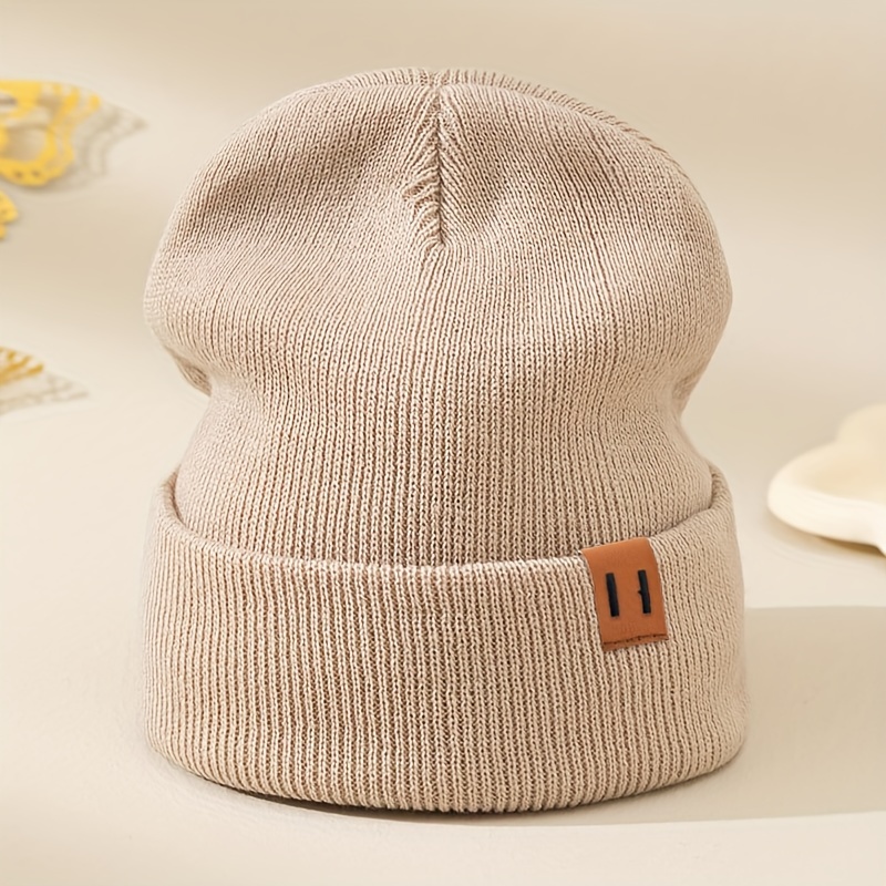 TEMU Women's Thick Beanie - Soft Acrylic Winter Hat With -like Patch, Elastic , Lightweight For Skiing, Outdoor & Casual Wear, Machine Washable