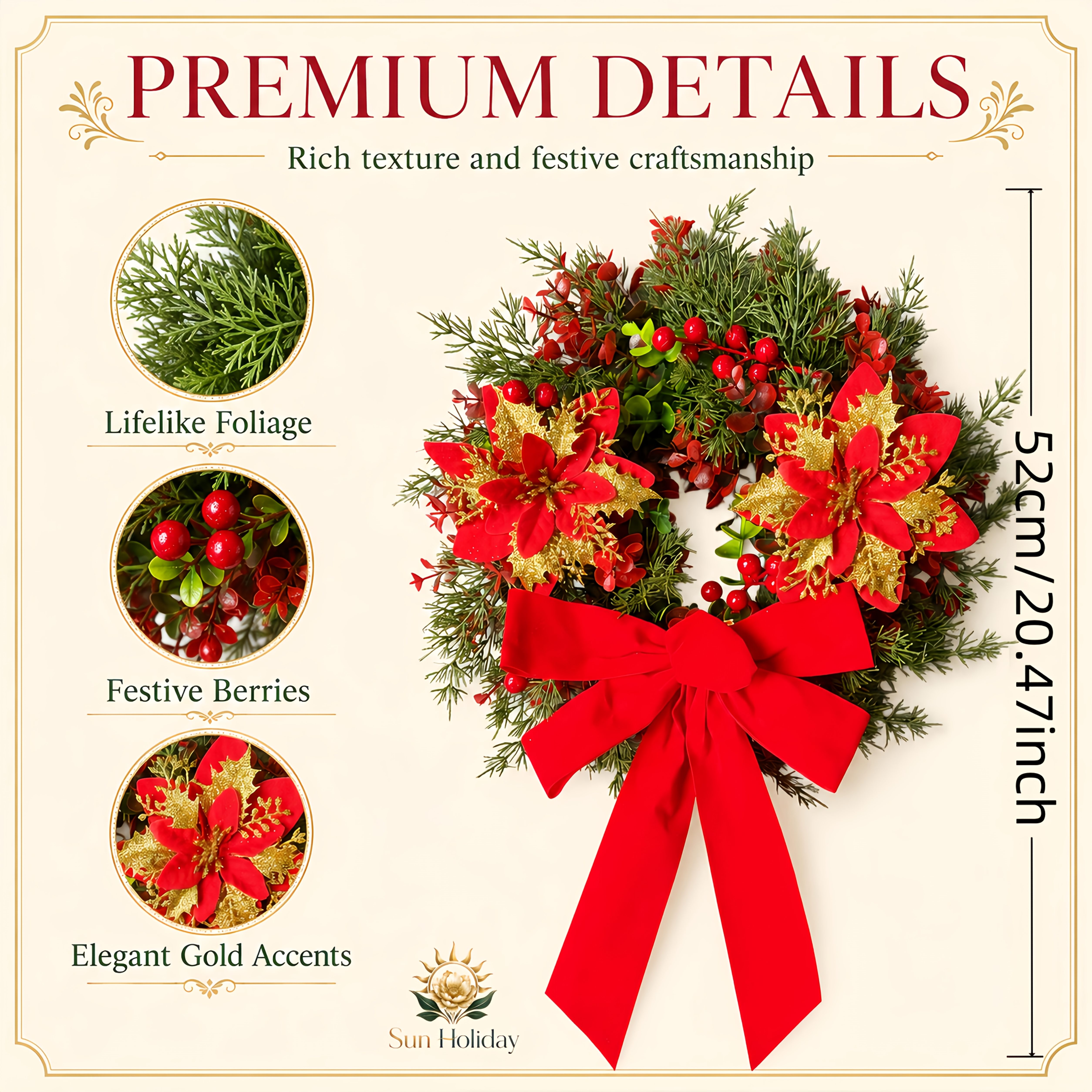 TEMU 52cm/20.47in Outdoor Christmas Large Wreath - Artificial Pine Branch And Decorative Wreath With A Large Red Velvet Bow, Featuring A Realistic