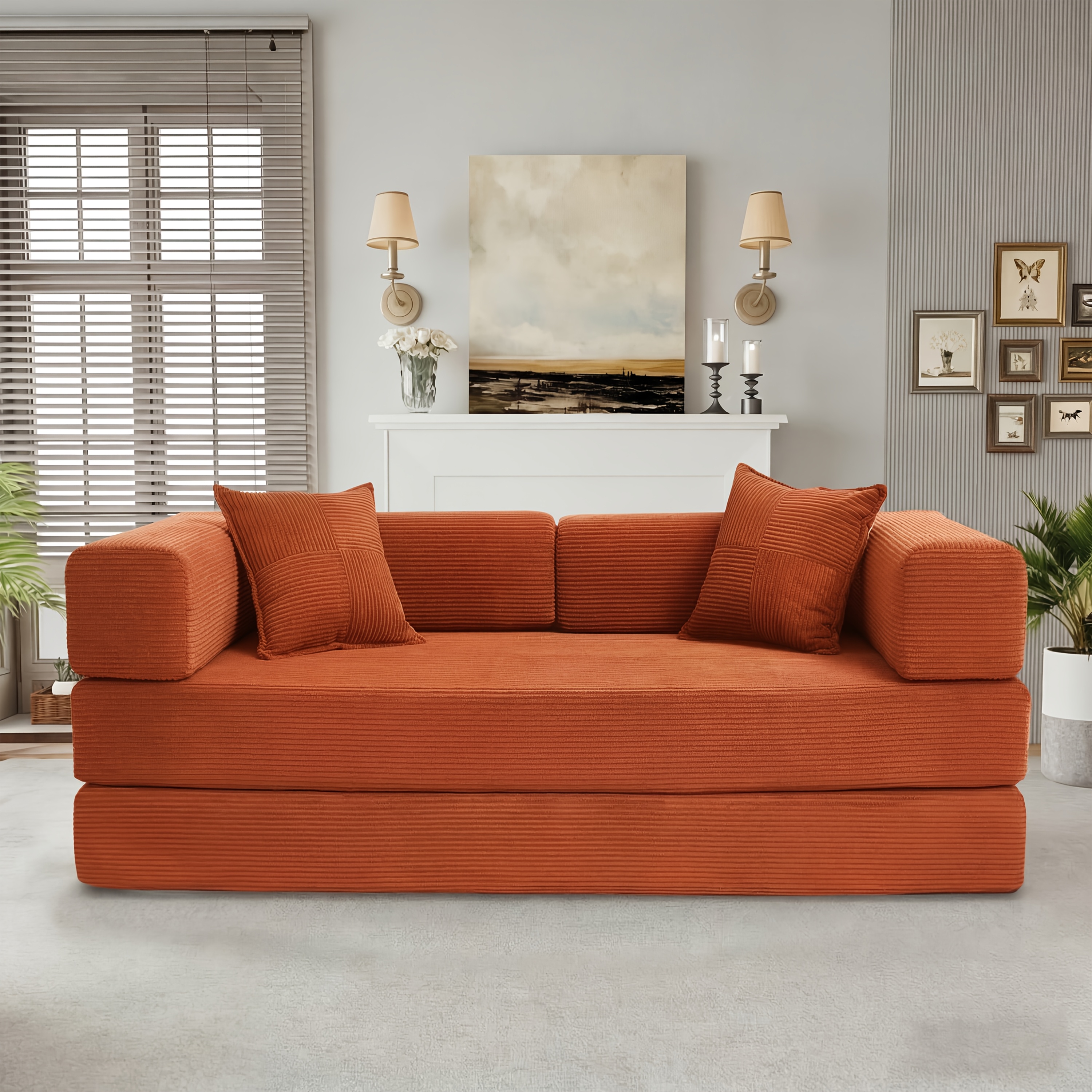 Convertible Sofa Bed For Adults, Corduroy 3-seater Folding Couch, Floor Lounge With Pillows, Compact Sleeper For Apartment, Home, Office, Dorm, Green, Grey, Orange, White