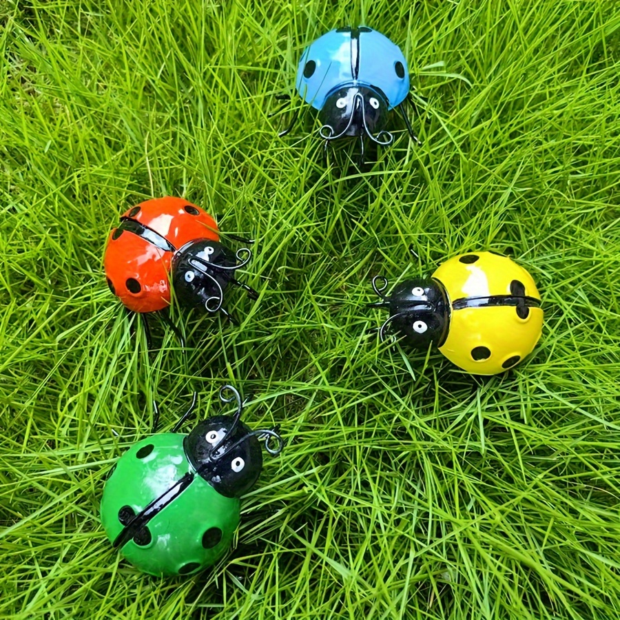 

4-piece Set Of Colorful Iron Ladybug Garden Stakes - Red, Yellow, Blue, Green - Handcrafted Outdoor Decor For Yard And Patio