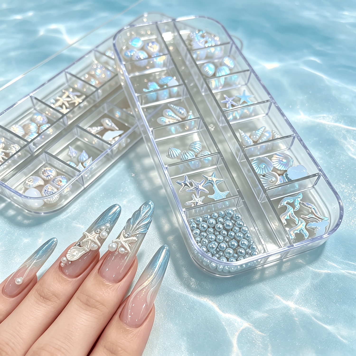 TEMU 2 Box Aurora Ocean Nail Charms 12 Grids Mixed Seashell Starfish Conch Mermaid Nail Beads 3d Iridescent Shell Nail Rhinestones Resin Nail