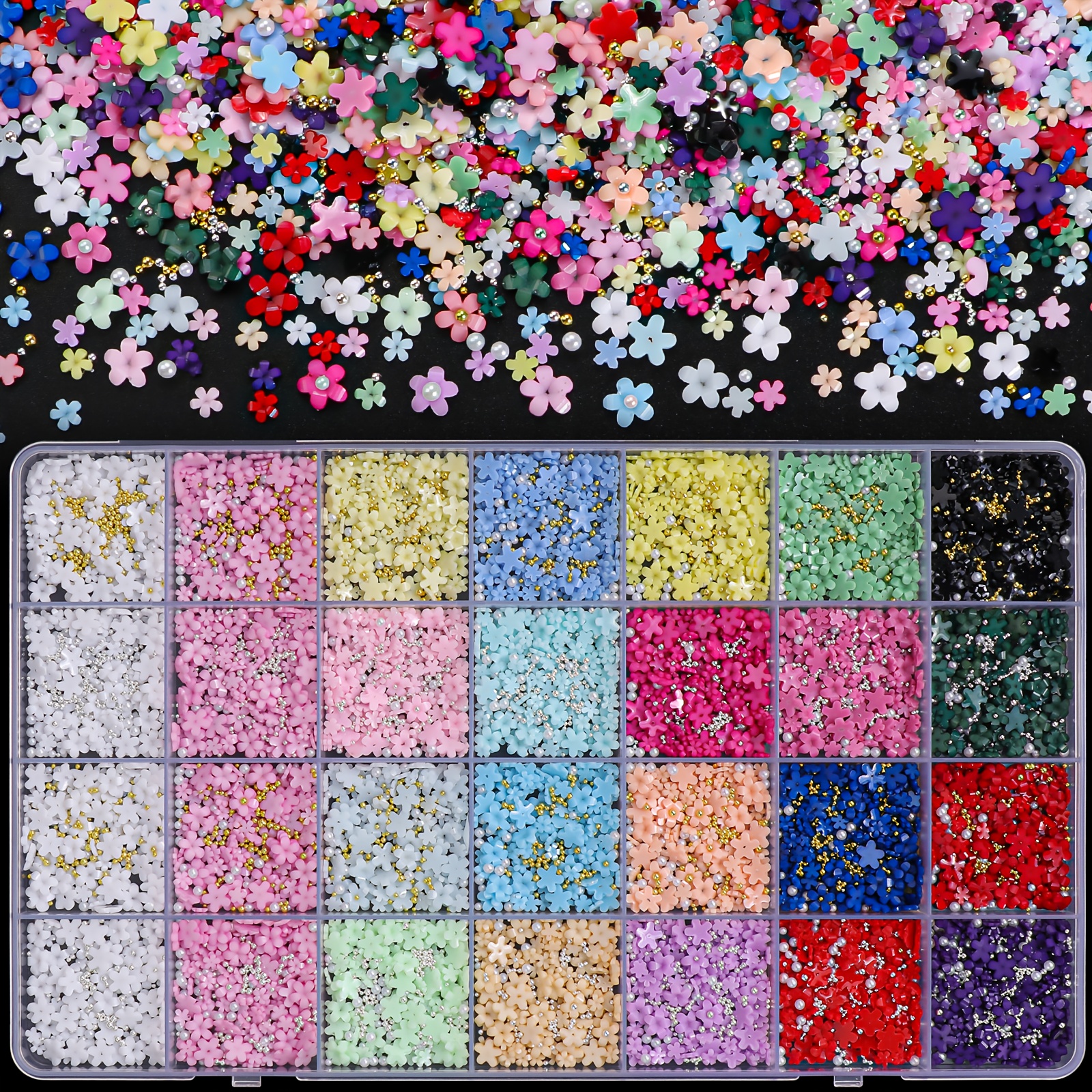 Image of 4000pcs Y2k Style Nail Art Charms Set, 28grid 3d Resin Flowers, Golden And Silvery Fish Scale Beads,, Hypoallergenic, Unscented, Diy Finger Trimming Handcraft And Nail Design Decorations