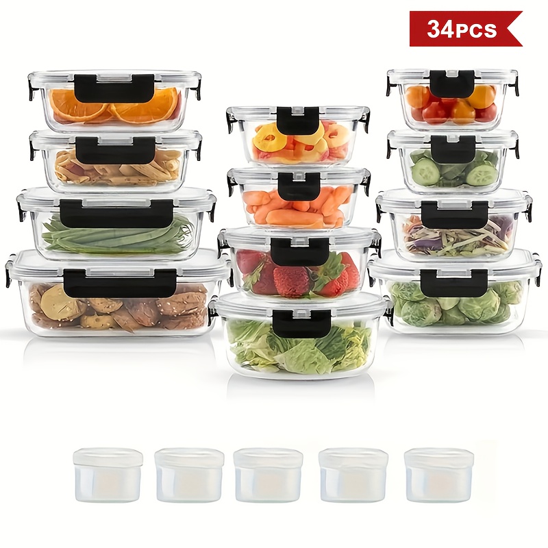 34pcs 17 lids 17 glass bowl glass food storage containers with airtight lids glass meal prep containers for lunch kitchen storage containers ideal for food storage in microwave ovens dishwashers offices schools and camping black Product details 0