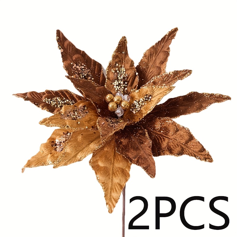 TEMU Set Of 2 Large Christmas Flower Decorations Featuring Brown Glitter, Wreaths, Artificial Poinsettias, And Holiday For Weddings And New Year