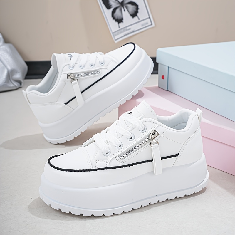 TEMU Women's Casual Sneakers, Low-top, Platform Sole, Trendy, Side Zipper Design, Lace-up, Leopard Print Style In Black Or Khaki Options, In Solid