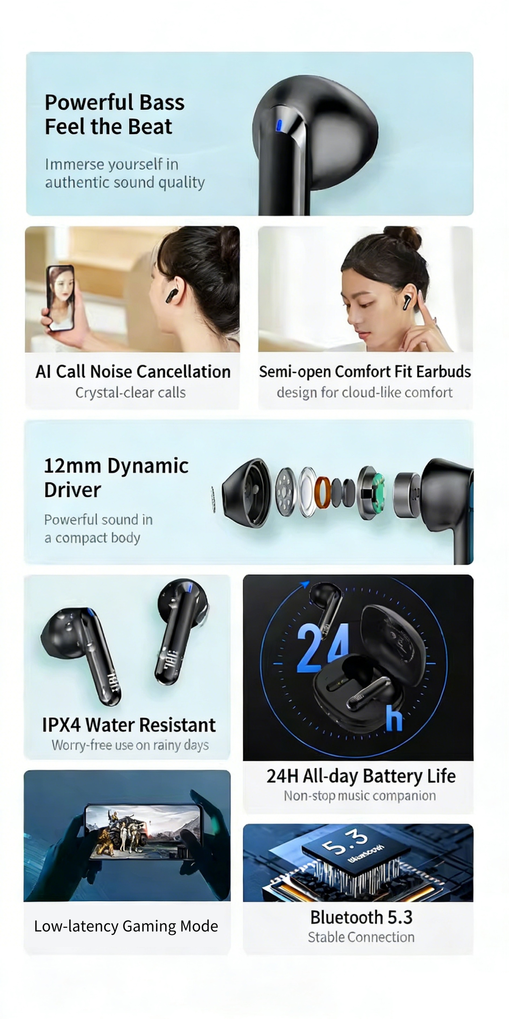 JBL T280TWS X2 True Wireless Earbuds, 12mm Dynamic Driver Deep Bass, DSP Call Noise Cancelling, Bluetooth 5.3 Stable 15m Connection, 24H Total Battery + 10Min Fast Charge, 3.4g Lightweight Semi-In-Ear, Low Latency Game Mode, IPX4 High Quality, Type-C
