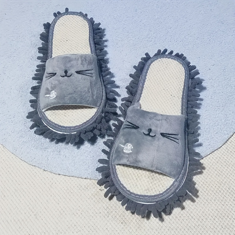 

1 Pair Of Plush Detachable Women's Lazy Mop Slippers, - Gray With Black Accents, Microfiber, Knitted Fabric - Ideal For Bedroom & Bathroom Cleaning