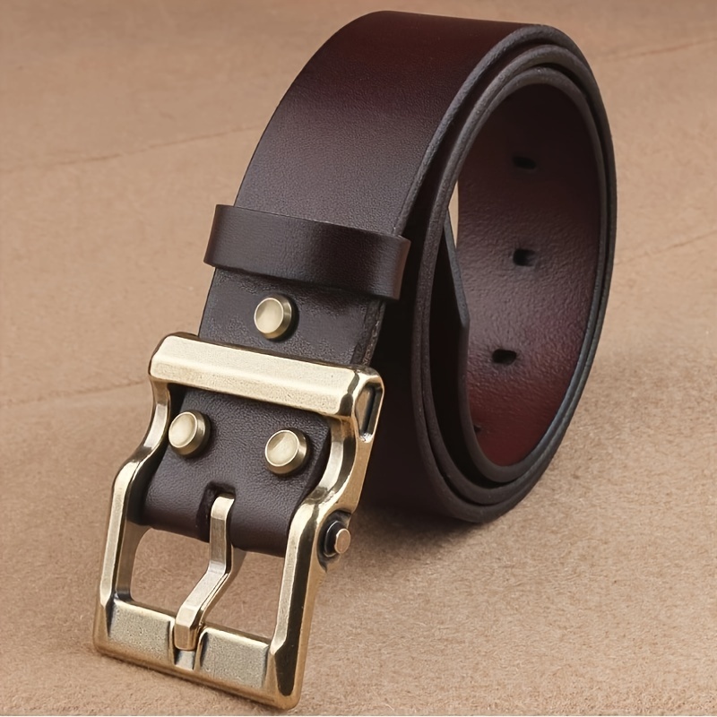Durable Men's Leather Belt with Brass Square Buckle