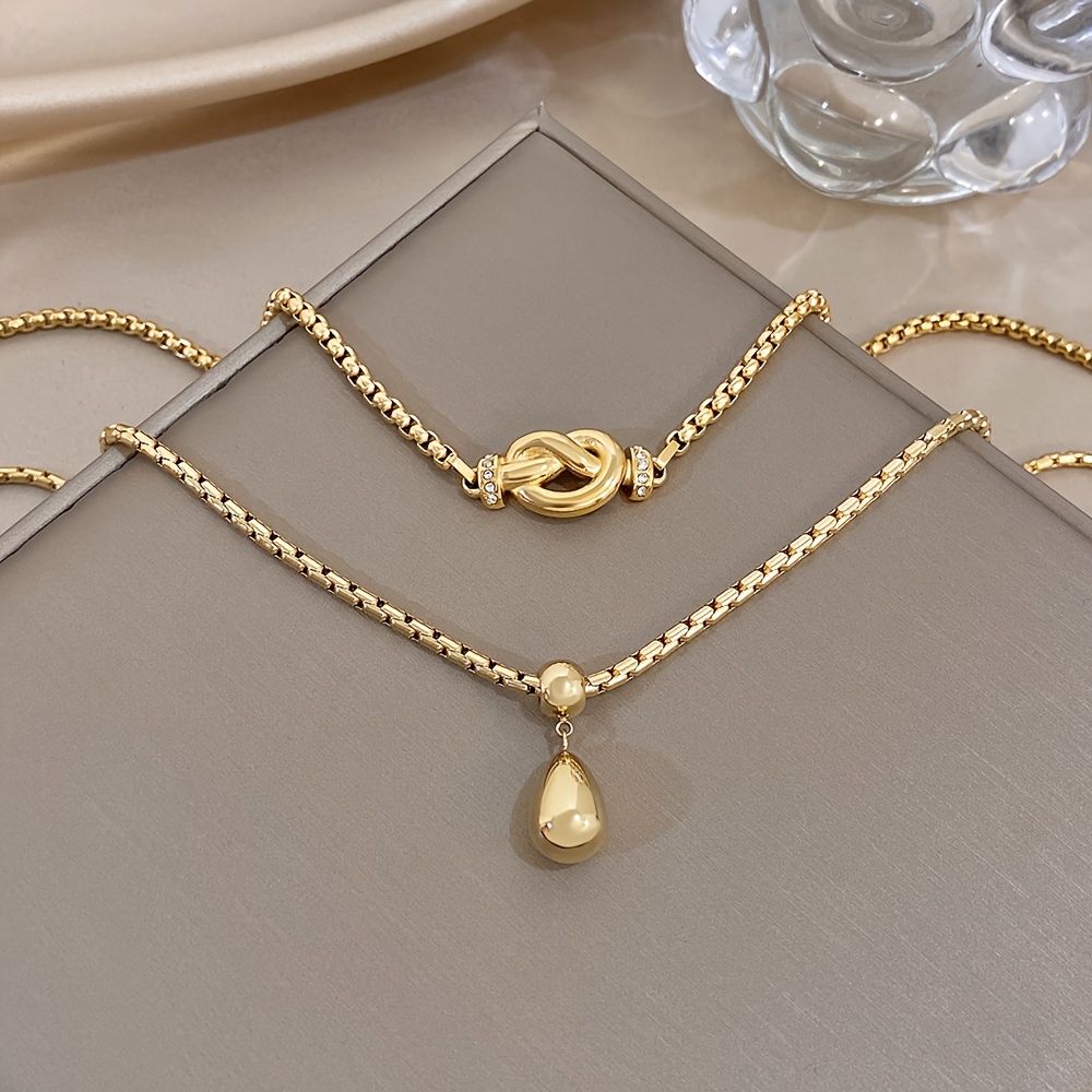 2pc 18K Golden Plated Box Chain Waterdrop & Twisted Dough Pendant Necklace
