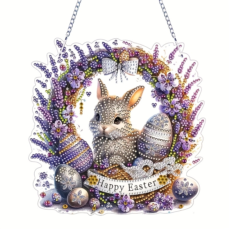 

Easter Bunny Gemstone Painting Kit - 5d Diy Acrylic Hanging Ornament With Sparkling Rabbit & Floral Wreath Design, Irregular Shaped Diamonds, "" Message, Ideal For Home Decor & Creative Gifts