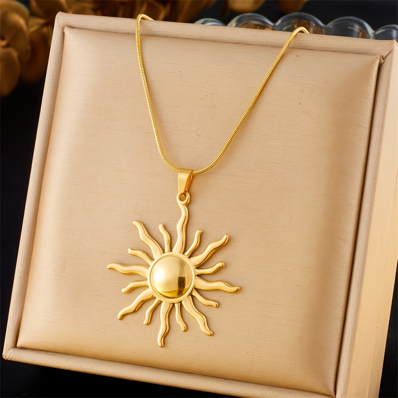 TEMU Stainless Steel Sunflower Pendant Necklace, Classic Gold-tone Chain, Unisex Jewelry, Accessory