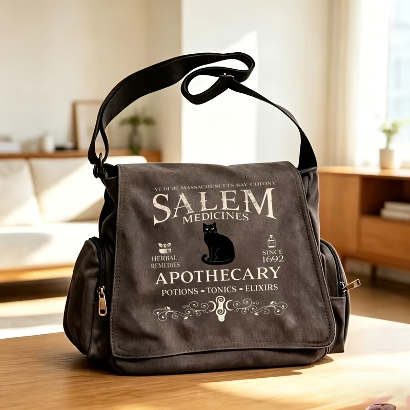 TEMU Women' Shoulder Bag Valentine's Day Upgrade New Fabric Retro Large Capacity Flap Crossbody Tote Bag Salem Apothecary Logo Black Cat Pattern Text