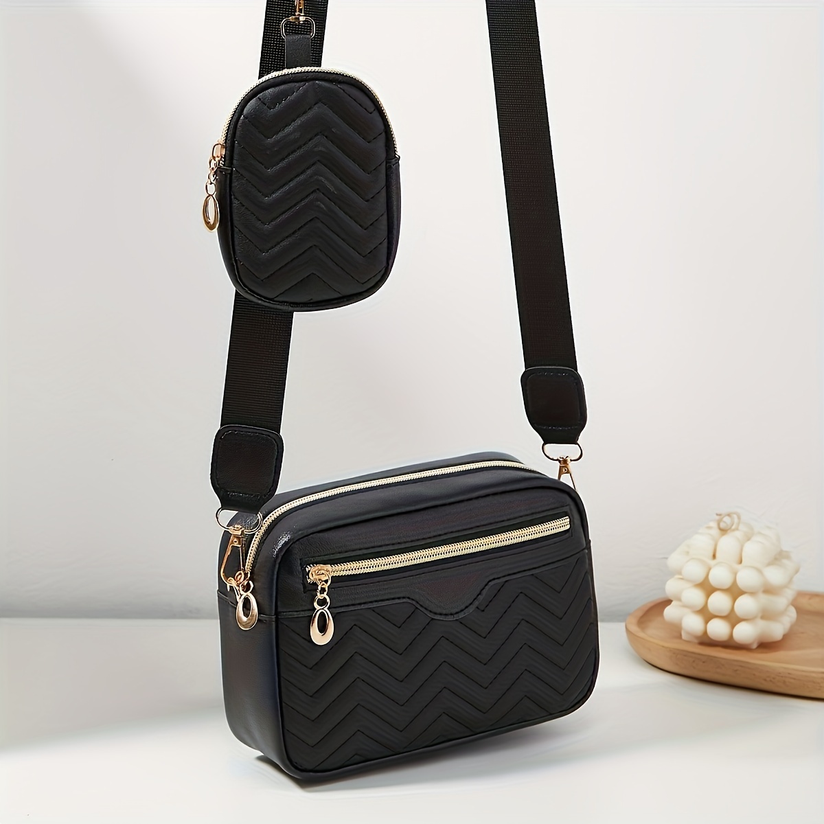 TEMU Chic Quilted Crossbody Bag For Women With Mini Coin Purse - Casual Pvc Shoulder Bag, Zip Closure, Polyester Lined