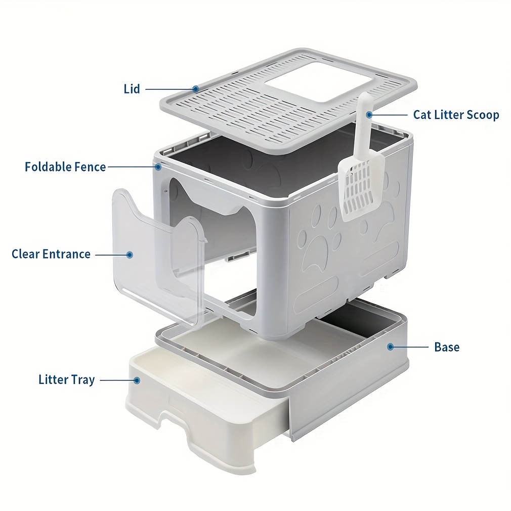 [22lbs Odor-Control Litter Box] Space-Saving, Hygienic Odor-Control Cat Litter Box with Tray & Scoop | Large Capacity for Cats Up to 22 lbs, Grey Plastic with Top-Entry & Paw Print Cutouts