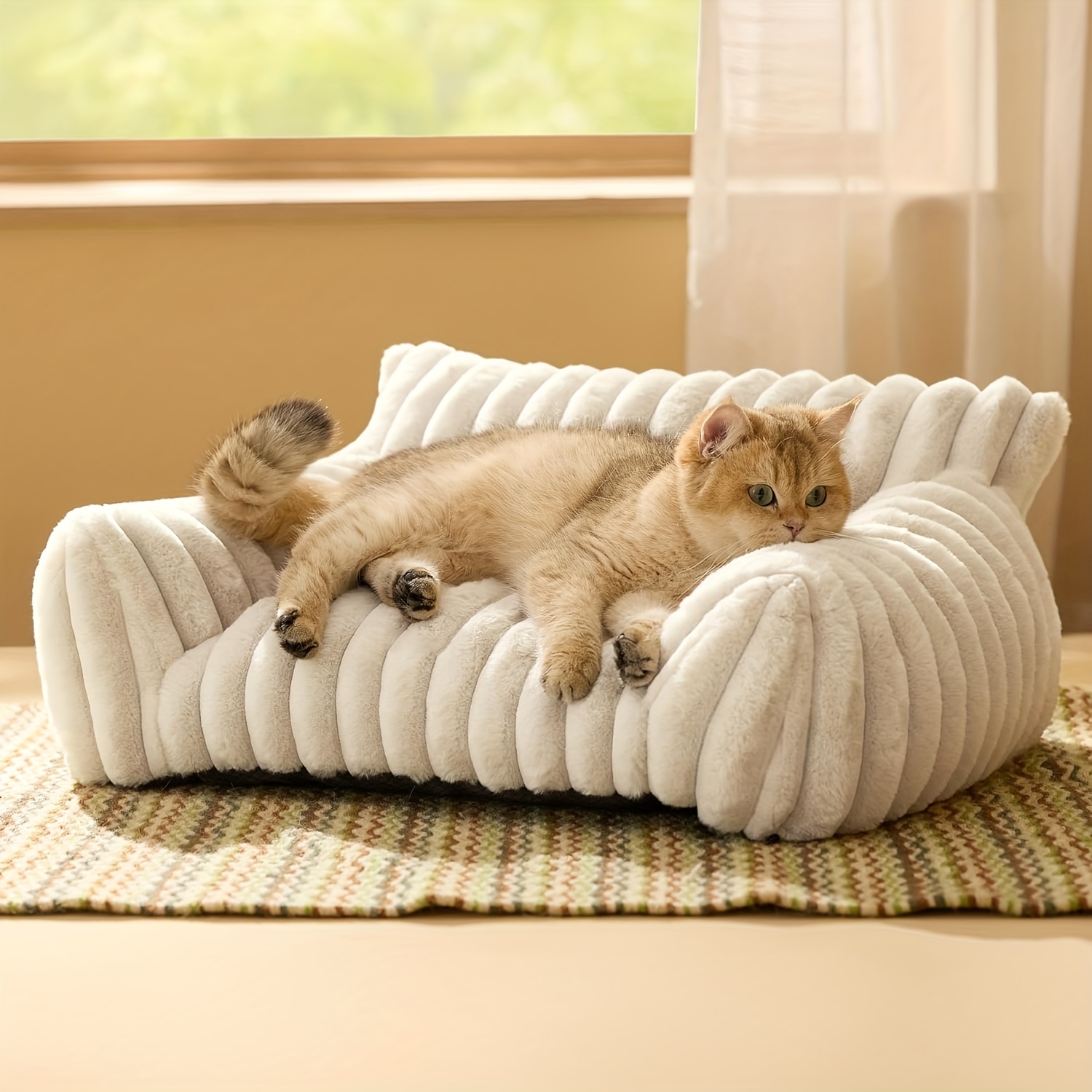 TEMU Cute Cat Couch For Pets - Fluffy Cat Beds With Corduroy Fleece, Fuzzy Cats Sofa Beds For Indoor Cats, Strong Support Without Collapse