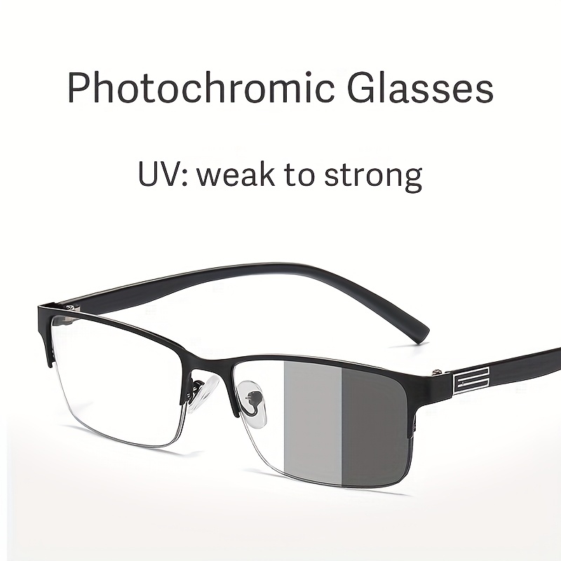 

1 Pair Men's Business-style Photochromic Half-rim Rectangular Metal Glasses - Frame, With Clear Gray Lenses, Uv Protection, Non-prescription, Ideal Gift For Holidays, Glasses Accessories