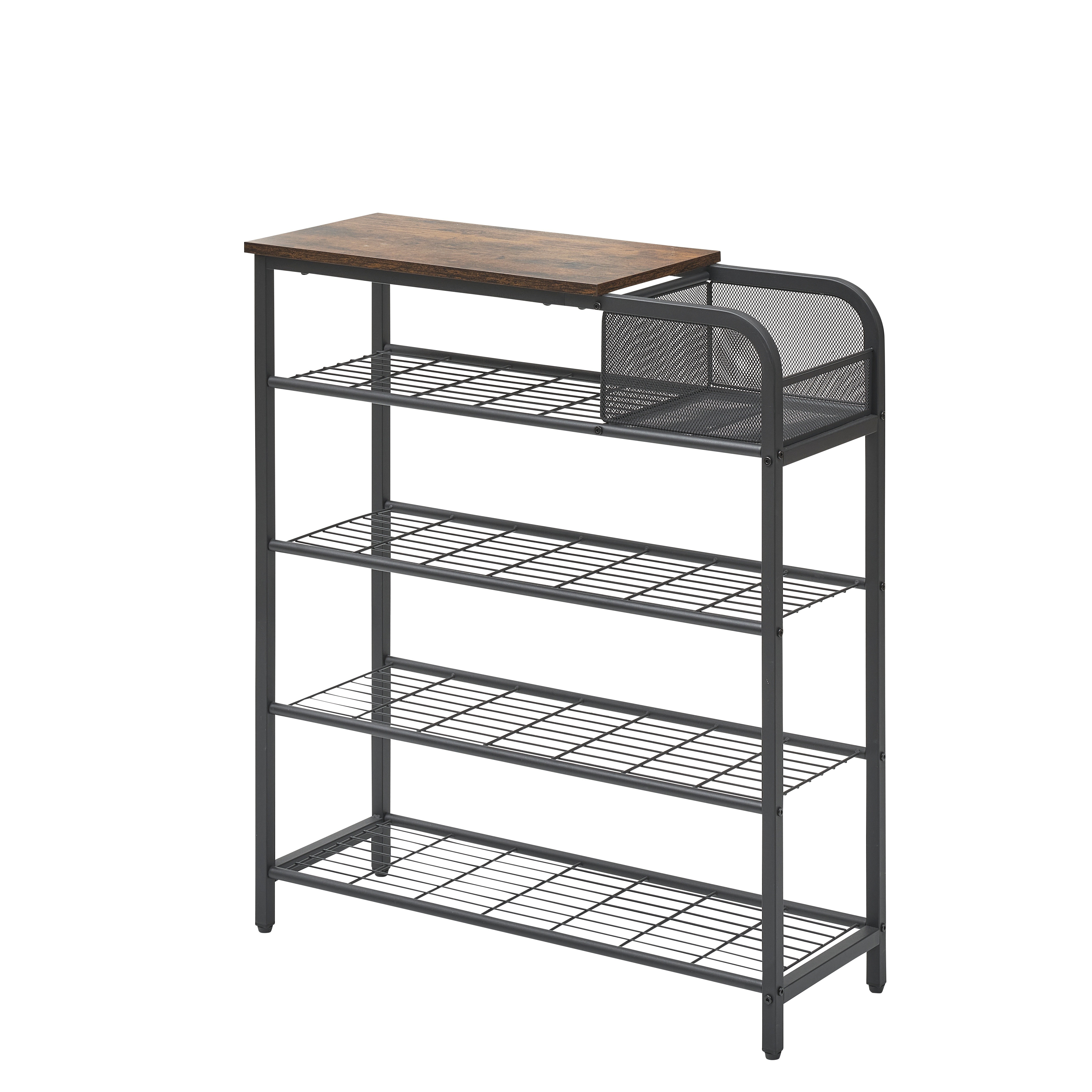 5 tier shoe rack closet organizer free standing storage for 20 25 pairs sturdy wooden top with mesh storage basket ideal for entryway hallway and closet rustic brown   details 0