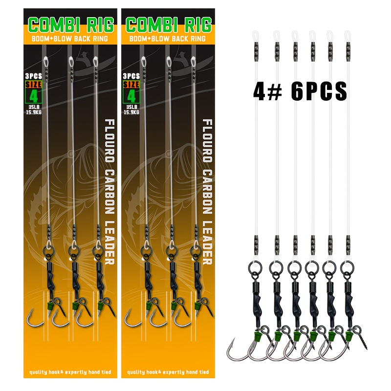 E-shop 3/6 Stück Premium Karpfenangelhaken-Set mit 100% Fluorocarbon Unsichtbarer Schnur + Wirbeln | Starke Haar-Rigs für Method Feeder Angeln |