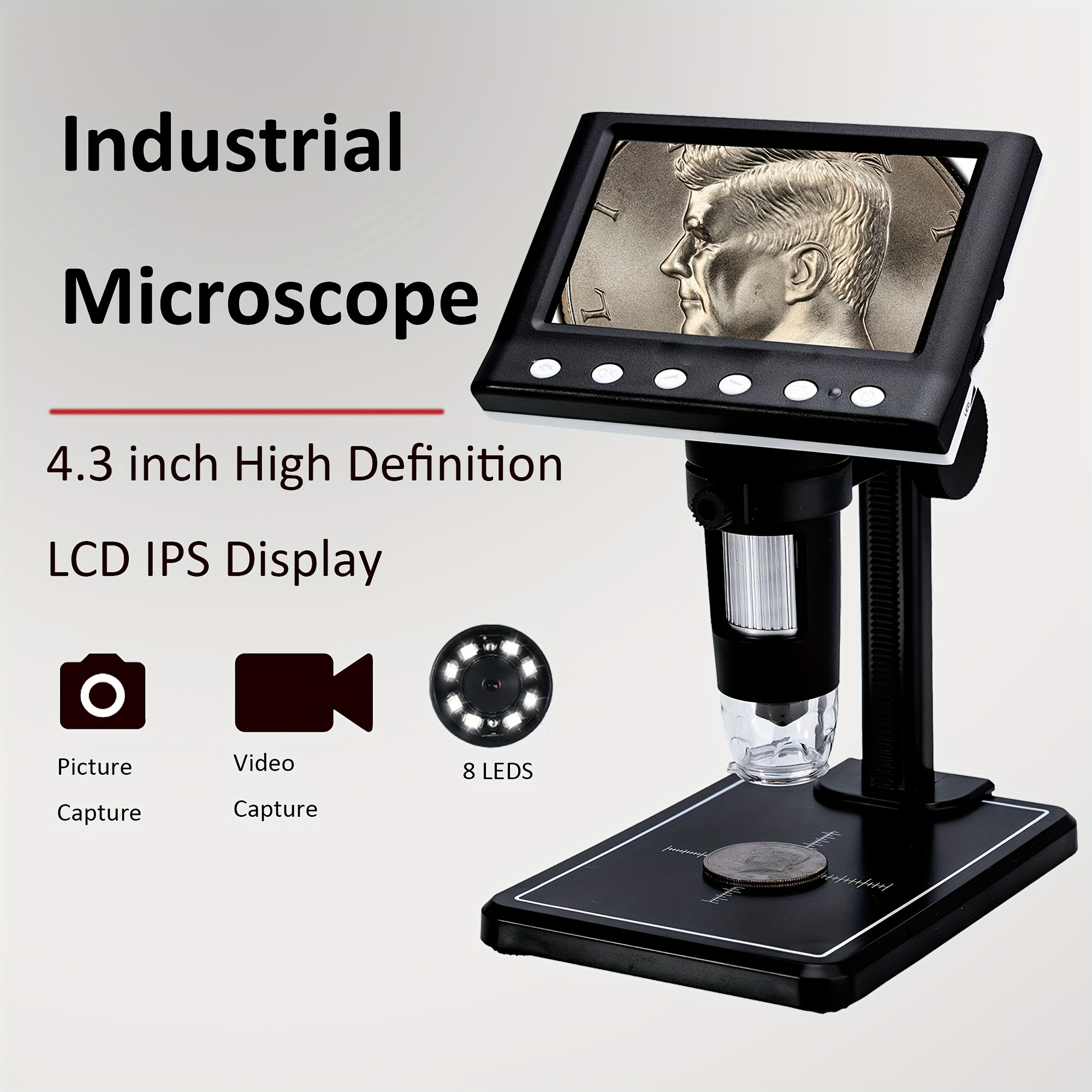 

4.3" Coin Microscope - Dm7 Lcd Digital Microscope 1000x, 1080p Usb Coin Magnifier For Error Coins With 8 Adjustable Led Lights, Pc View, Compatible With Windows