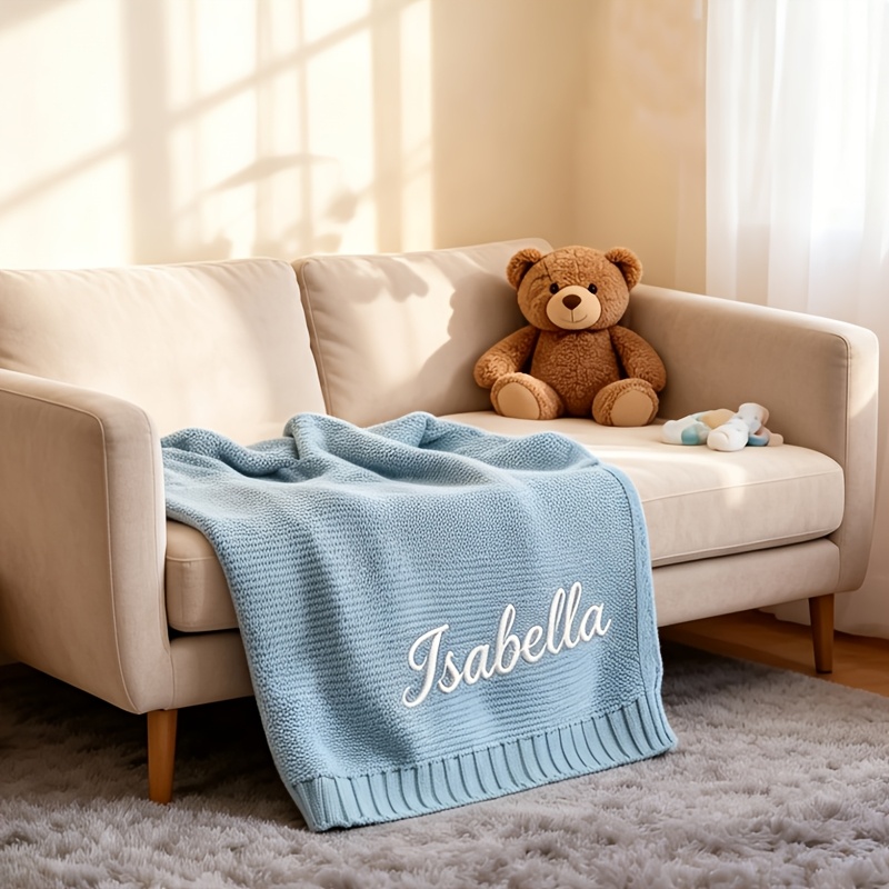 TEMU Name Embroidery Personalized Custom Nap Blanket, Blanket, Summer Air Conditioning Blanket, Sky Blue White Pink Blanket, Thickened Enlarged Sofa