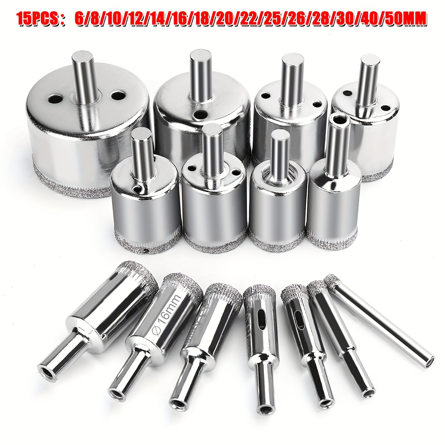 

15pcs Diamond Hole Saw Drill Bit Set, Metal, For Ceramic, Glass, Porcelain Tile, 0.32" To 2" Core Bits, Power Tool Accessories, Smooth Drilling, With Solid Handle And Sharp Cutting Edge