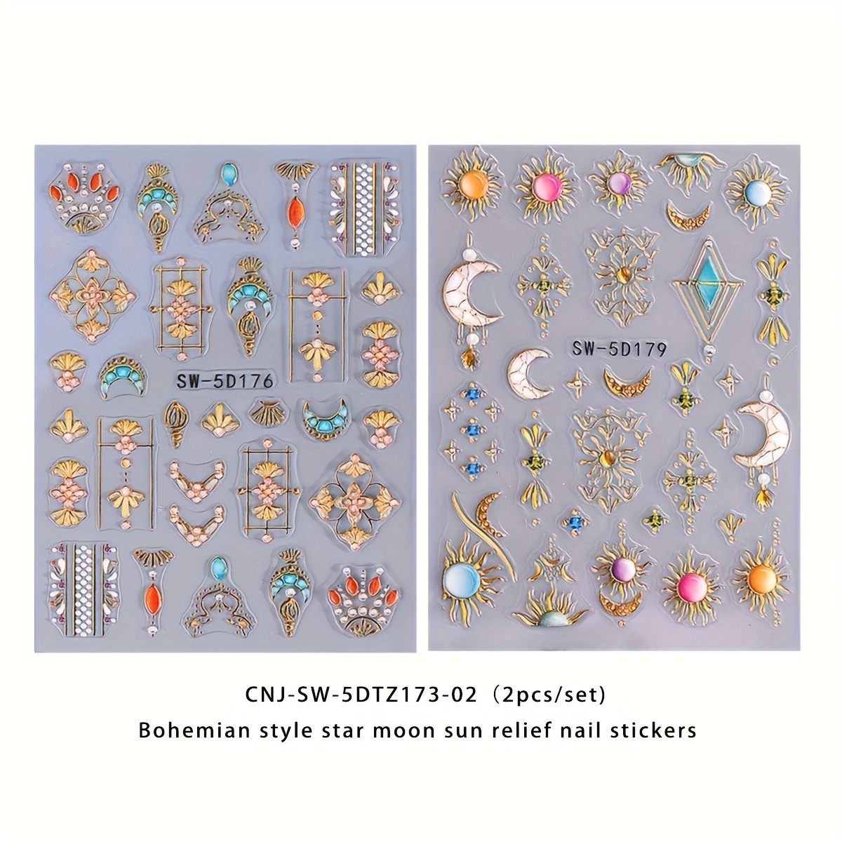 2-pack Bohemian Style Relief Nail Art Stickers - Yellow, Blue, And , Moon, And Design, Bohemian Style Star Moon Theme, Suitable For Women's Disposable Self Adhesive Nail Decoration