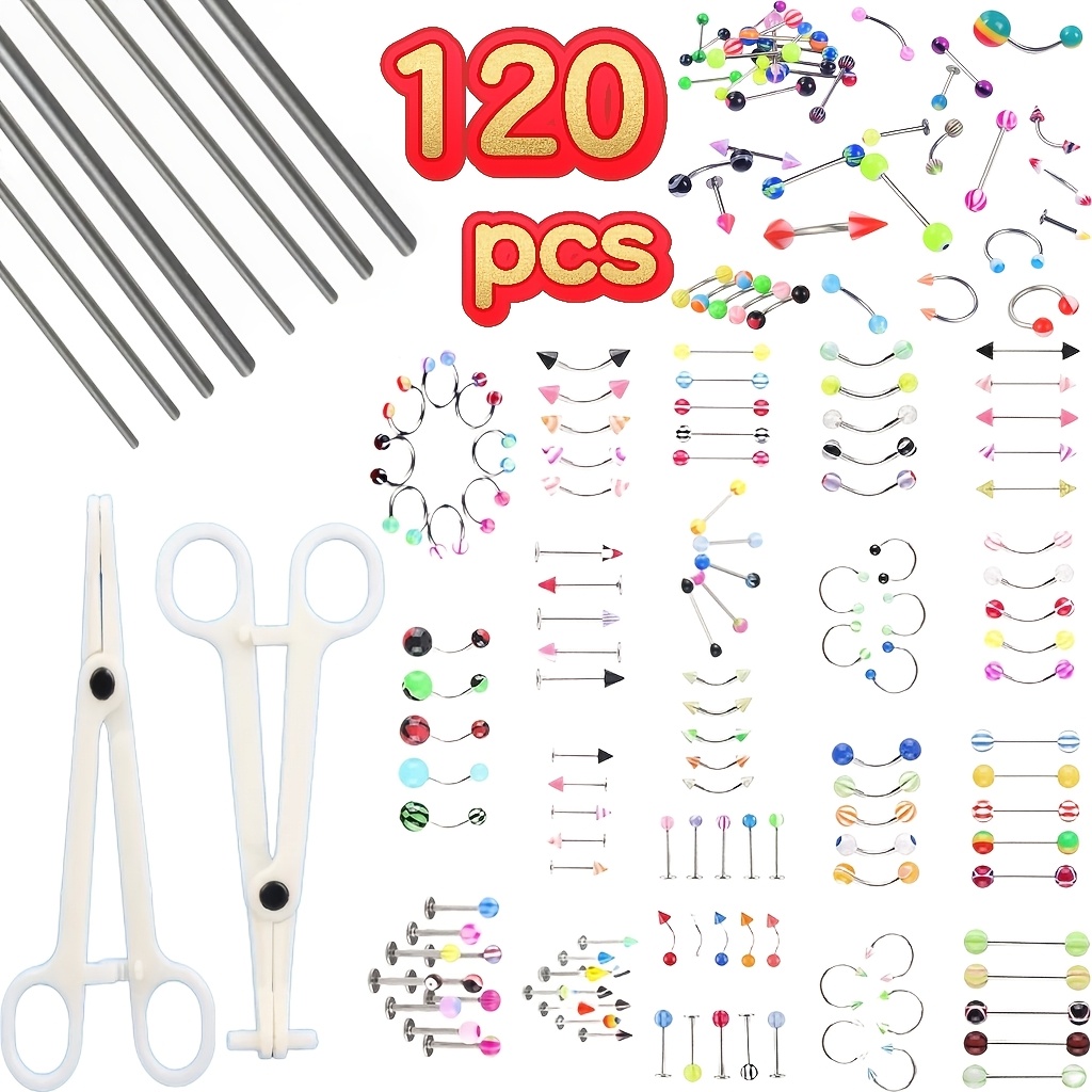 TEMU 120pcs Stainless Steel Body Piercing Jewelry Lot - Piercing Clamps, Needles, Lip Rings, Tongue Bars & Eyebrow Studs Included, Glitter Tongue Set