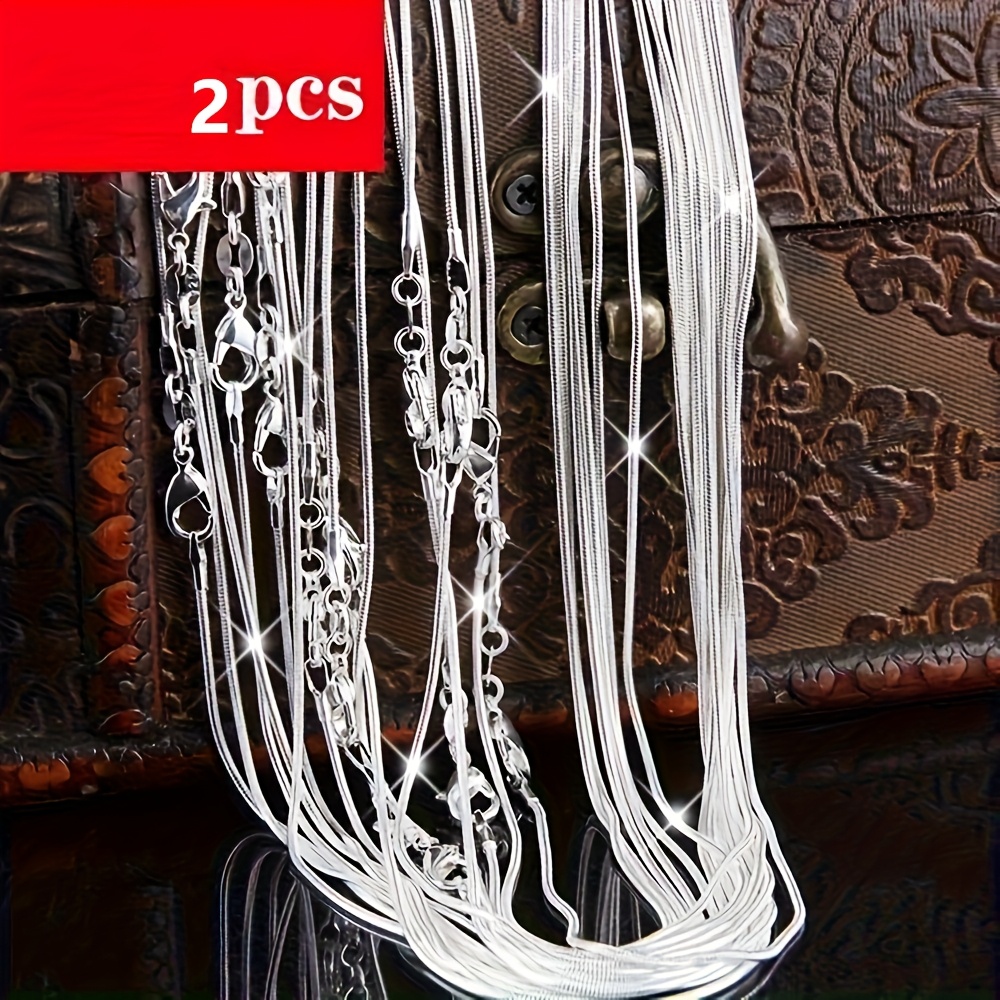TEMU 2pcs 925 Silver Plated Snake Chain Necklace 1mm Wide Solid Bead Chain Or Pendant - Ideal Christmas Gift For Women Ladies Men