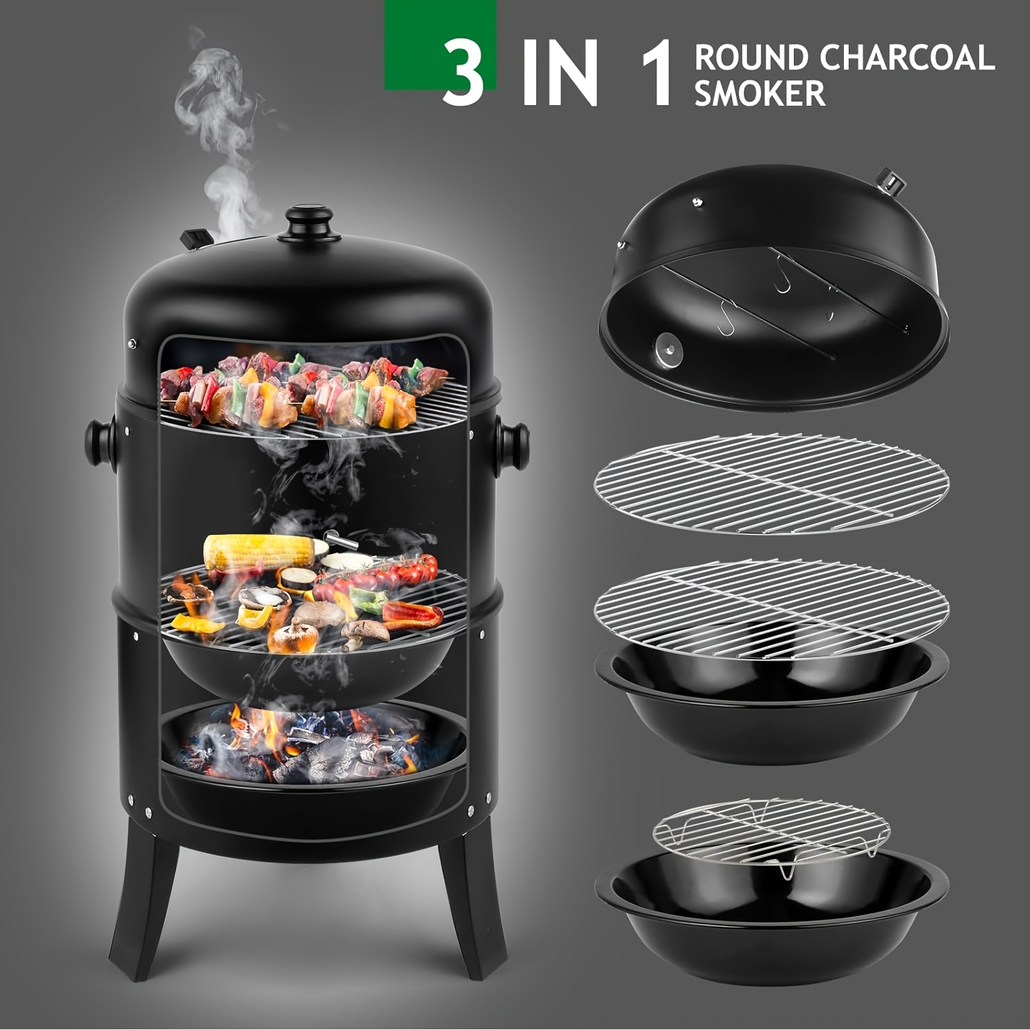 Vertical Charcoal Smoker Grill - 17-Inch 3-Tiers, Portable Zinc Alloy BBQ Grill with Temperature Control, 3 Cooking Levels & Griddle Top, Includes Handles Grates & Tongs, for Camping Backyard Outdoor Cooking, Compact Design, Durable Construction