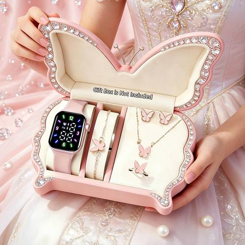6pcs teenage men women styles fashion and elegant led digital watch and necklace bracelet ring earring set suitable for girls birthday festival gifts graduation travel homecoming season mothers day valentines gift for girls
