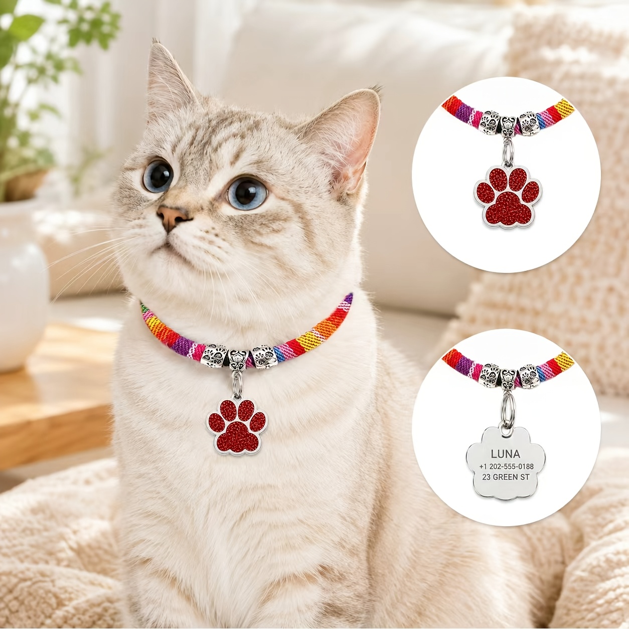 Personalized Braided Rope Pet Collar with Custom Name Tag