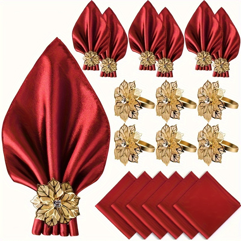 Set Of Christmas Satin Napkins And Golden Floral Napkin Ring Set - 12 Pack 17x17 Napkins With 6 Decorative Rings Polyester Satin Fabric For Holiday Table Decorations Red Green