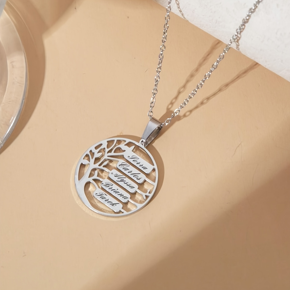 TEMU 1pc Of Personalized Custom Necklace, Custom Name Letter Number Tree Of Life Round Pendant Necklace, Stainless Steel Golden Silvery Tree Of Life
