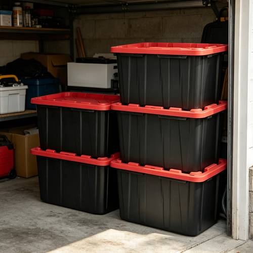 pack of 4 27 gallon large capacity heavy duty plastic storage bins with secure snap lids stackable and impact resistant thickened crack resistant dust proof insect proof easy to clean and carry black and red storage containers