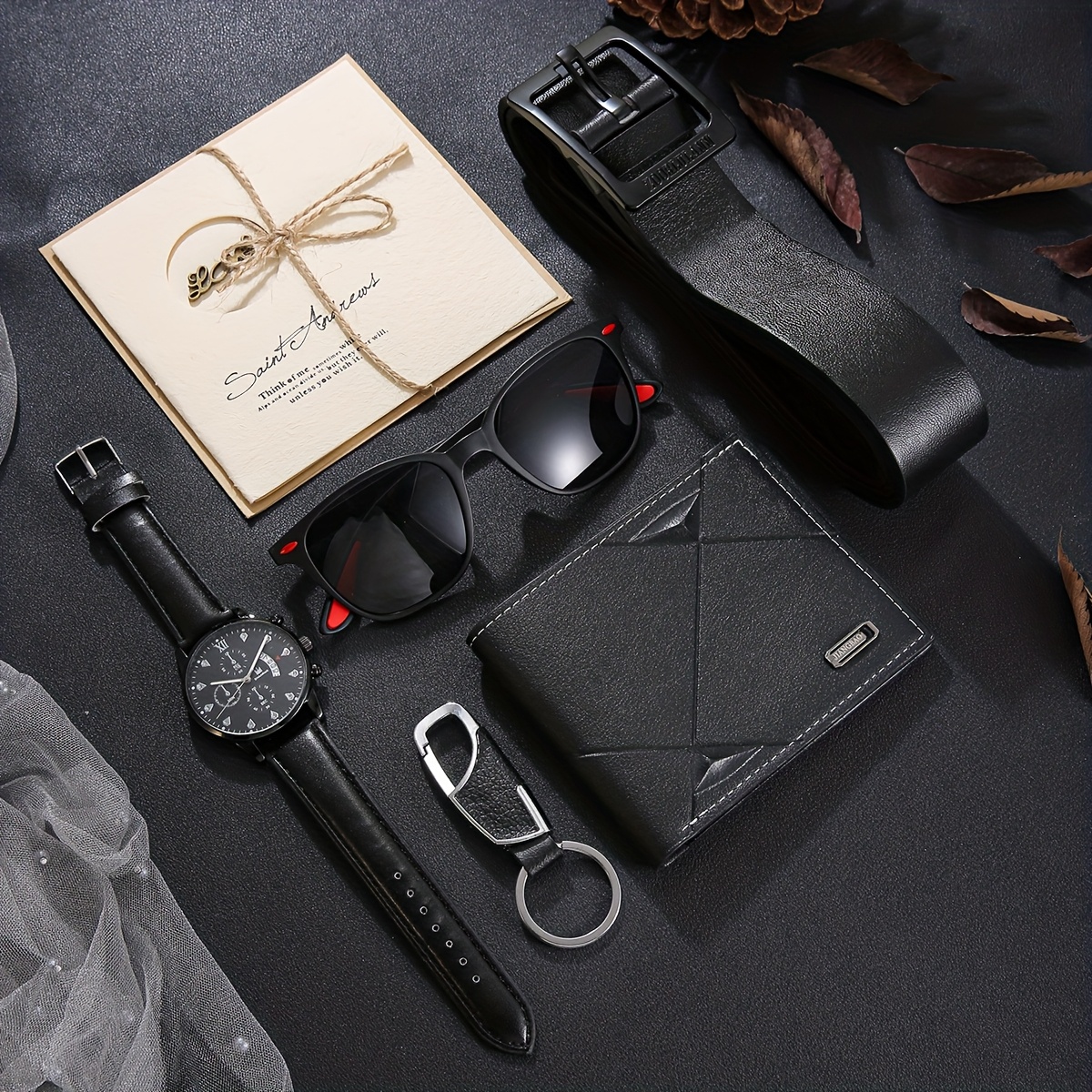 7pcs Men's Luxury Gift Box Set - Elegant Brown -like Texture Wallet, Belt, Keychain, Glasses Case & Card Holder - Complete Accessory Collection with Gift Box & Ribbon - Birthday/Valentine's/Anniversary Gift for Men - Sophisticated Men's Fashion Set with Belt Loop Compatibility - Ideal for Everyday & Formal Events