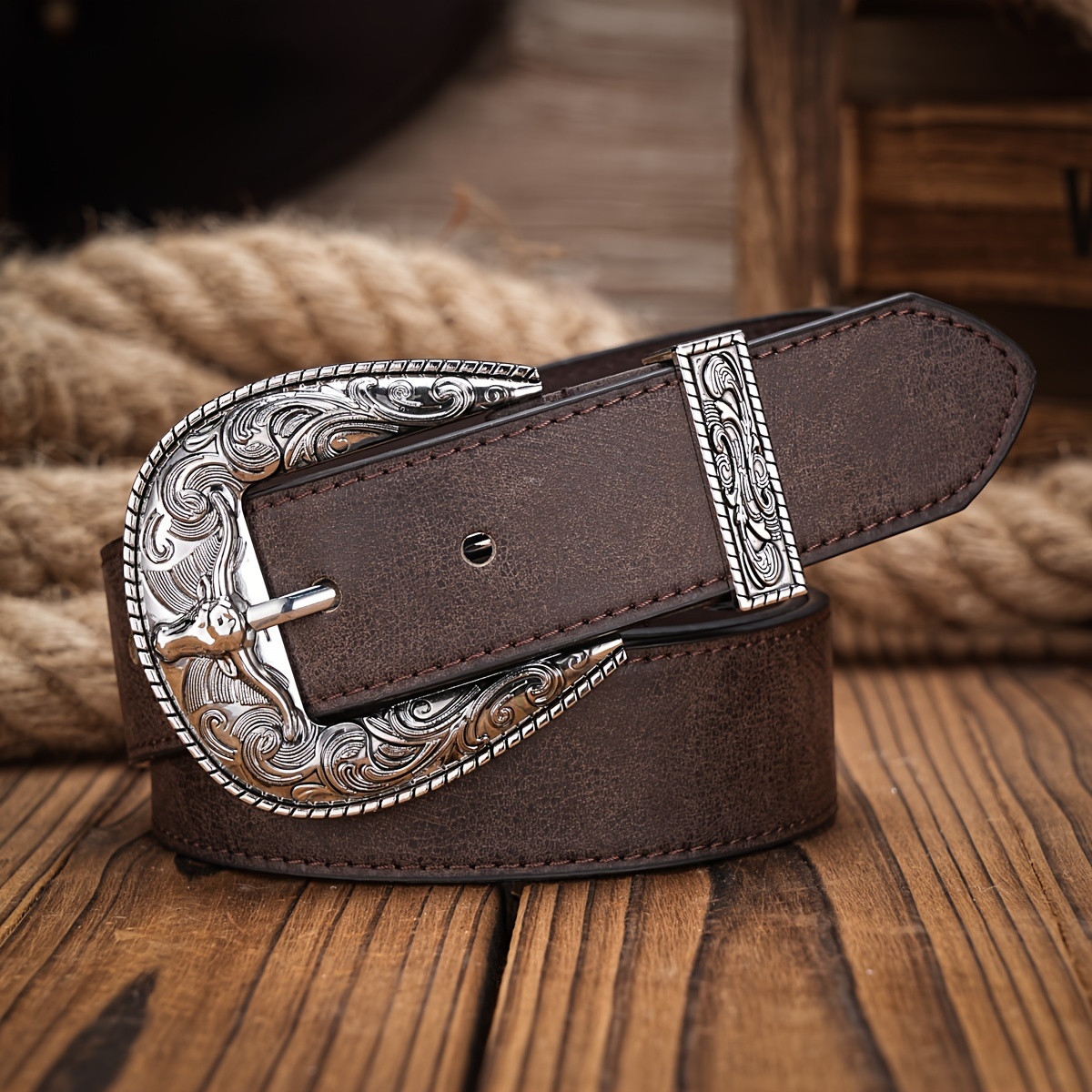 

Vintage Western Cowboy Belt - Pu Leather With Floral Engraved Alloy Buckle For Jeans - Unisex Style