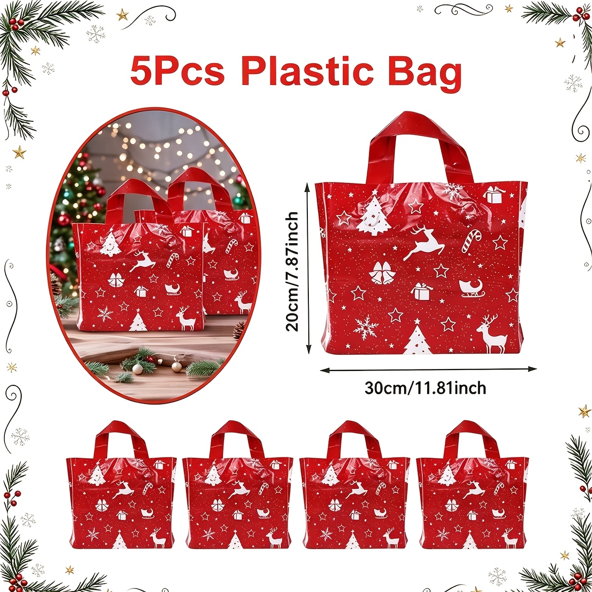 TEMU Lot de 5 sacs cadeaux de Noël rouges avec poignée en plastique, style et de neige, emballage cadeau pour le réveillon de Noël, décoration de